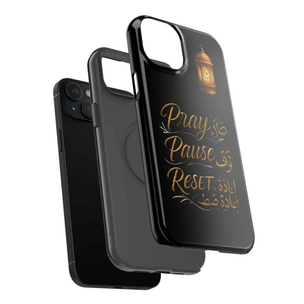 Pray Pause Reset Phone Case — Gold Lantern Arabic Calligraphy Impact-Resistant Case
