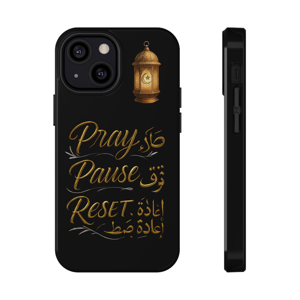 Pray Pause Reset Phone Case — Gold Lantern Arabic Calligraphy Impact-Resistant Case