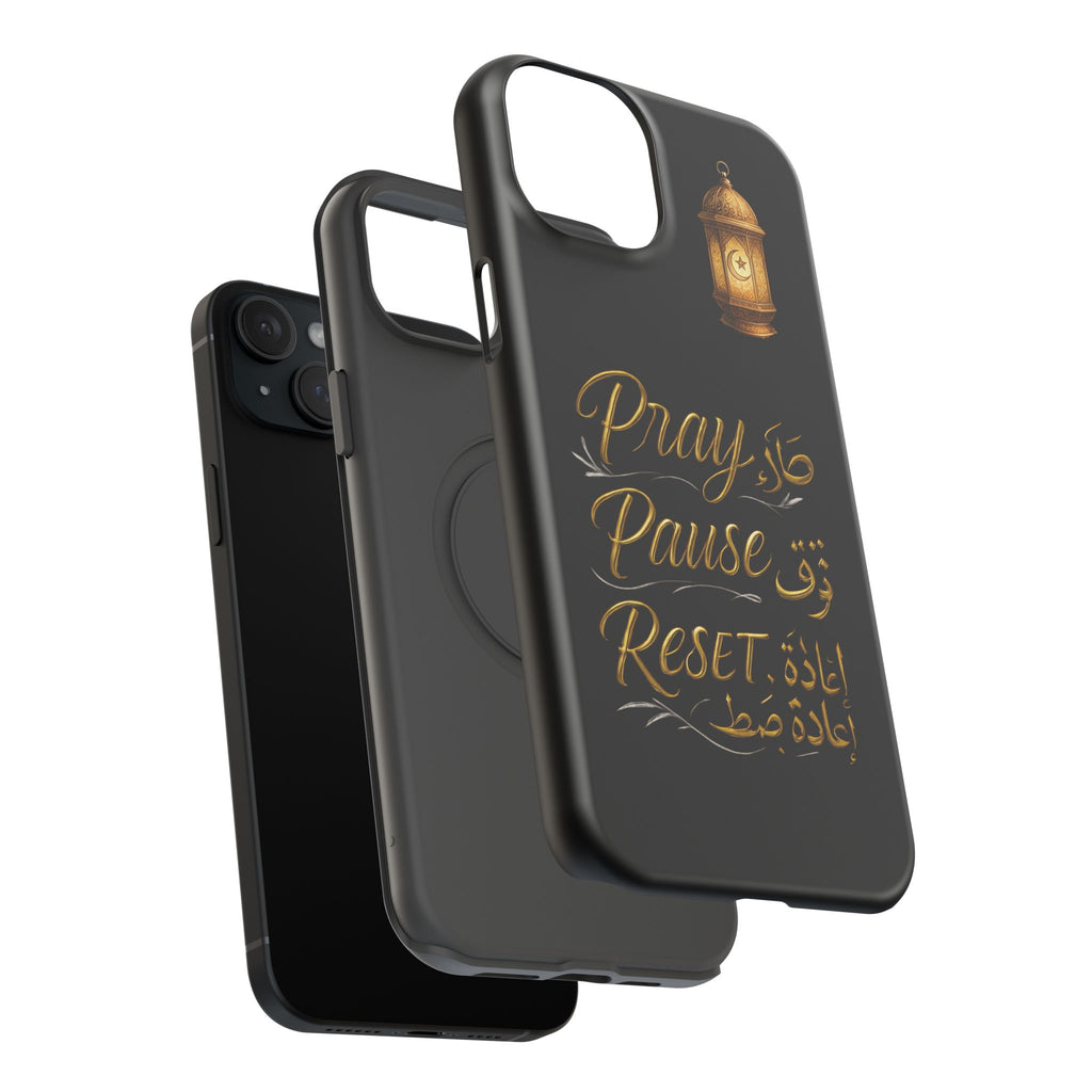 Pray Pause Reset Phone Case — Gold Lantern Arabic Calligraphy Impact-Resistant Case