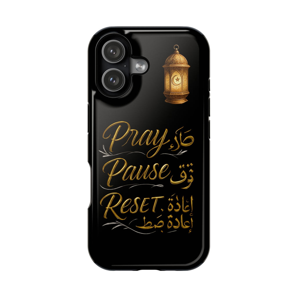 Pray Pause Reset Phone Case — Gold Lantern Arabic Calligraphy Impact-Resistant Case