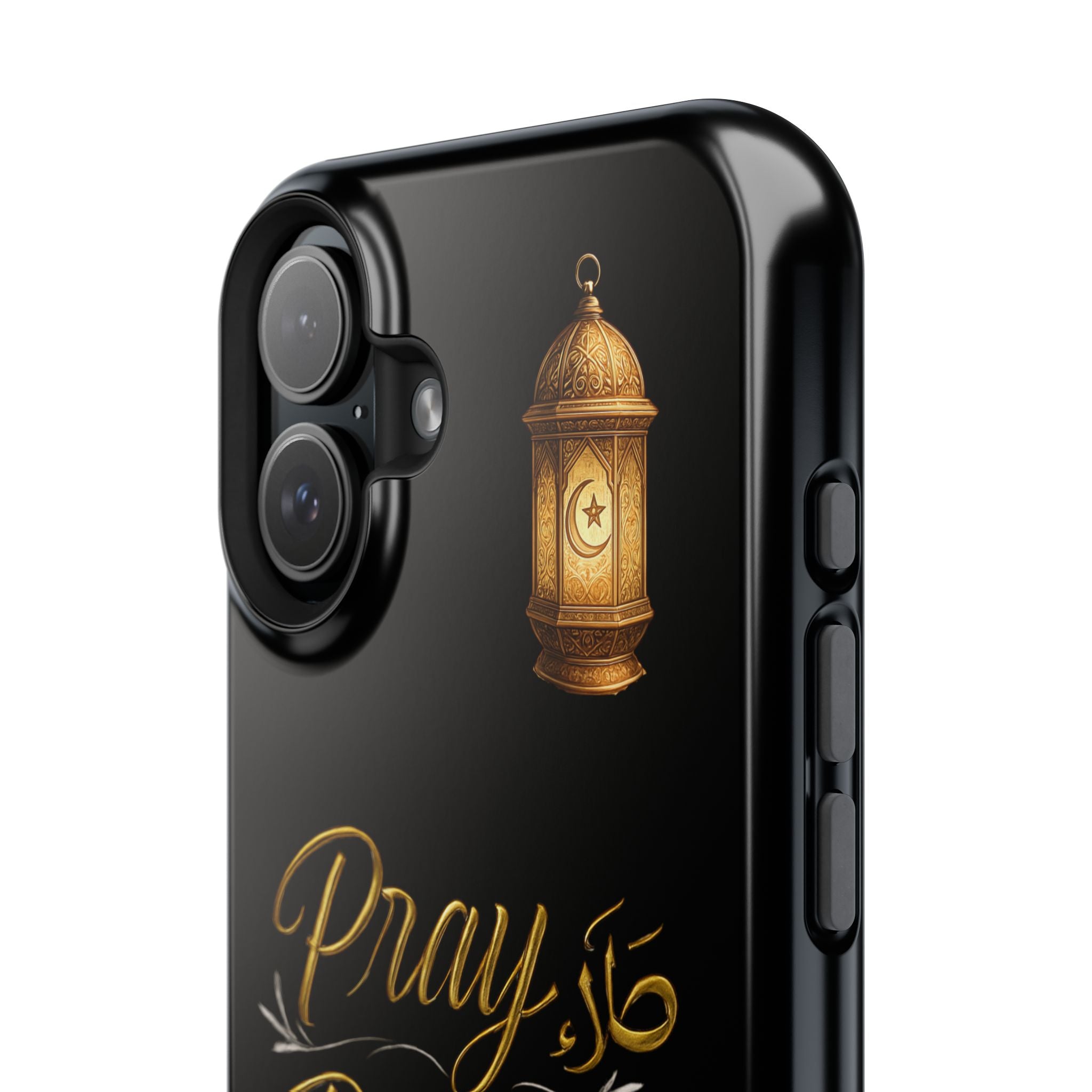 Pray Pause Reset Phone Case — Gold Lantern Arabic Calligraphy Impact-Resistant Case