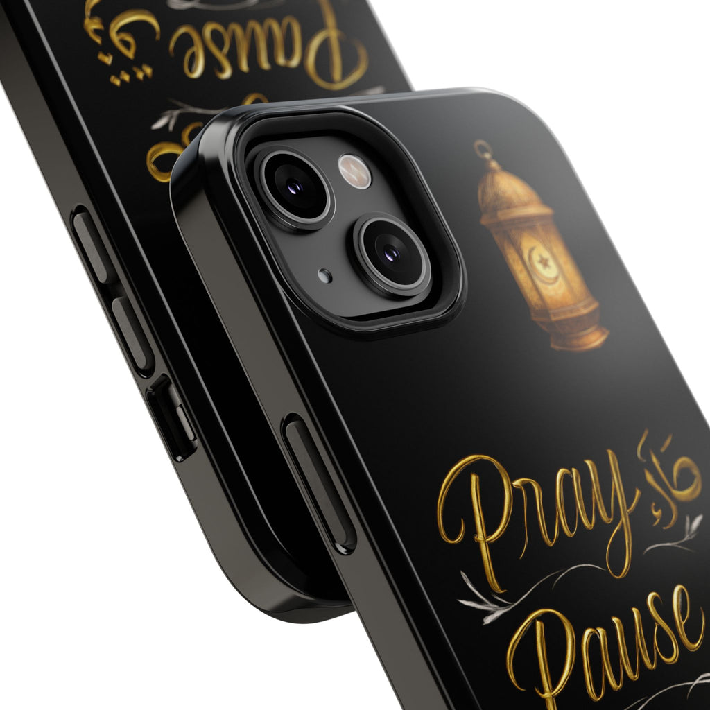 Pray Pause Reset Phone Case — Gold Lantern Arabic Calligraphy Impact-Resistant Case