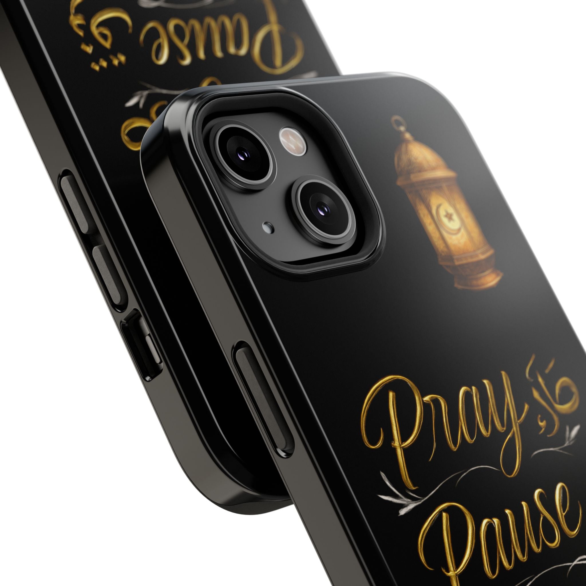 Pray Pause Reset Phone Case — Gold Lantern Arabic Calligraphy Impact-Resistant Case