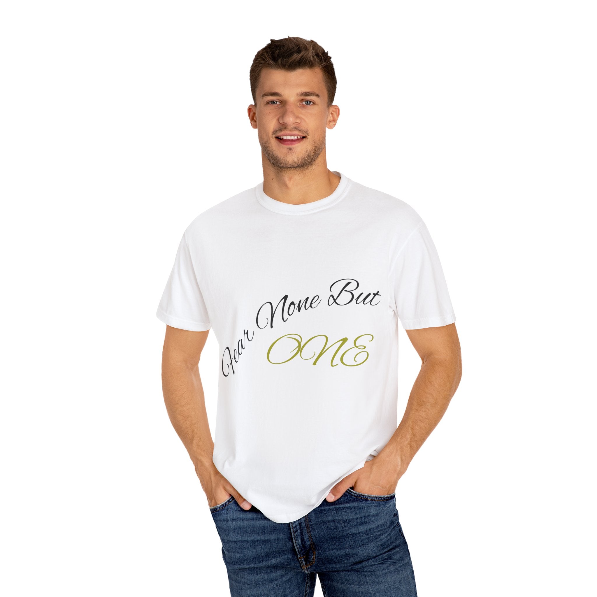 T-Shirt — "Fear None But ONE" Script Logo Tee (White)