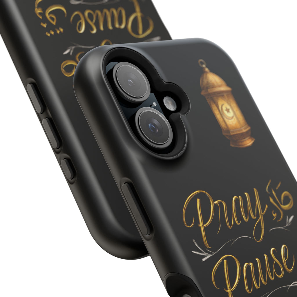 Pray Pause Reset Phone Case — Gold Lantern Arabic Calligraphy Impact-Resistant Case