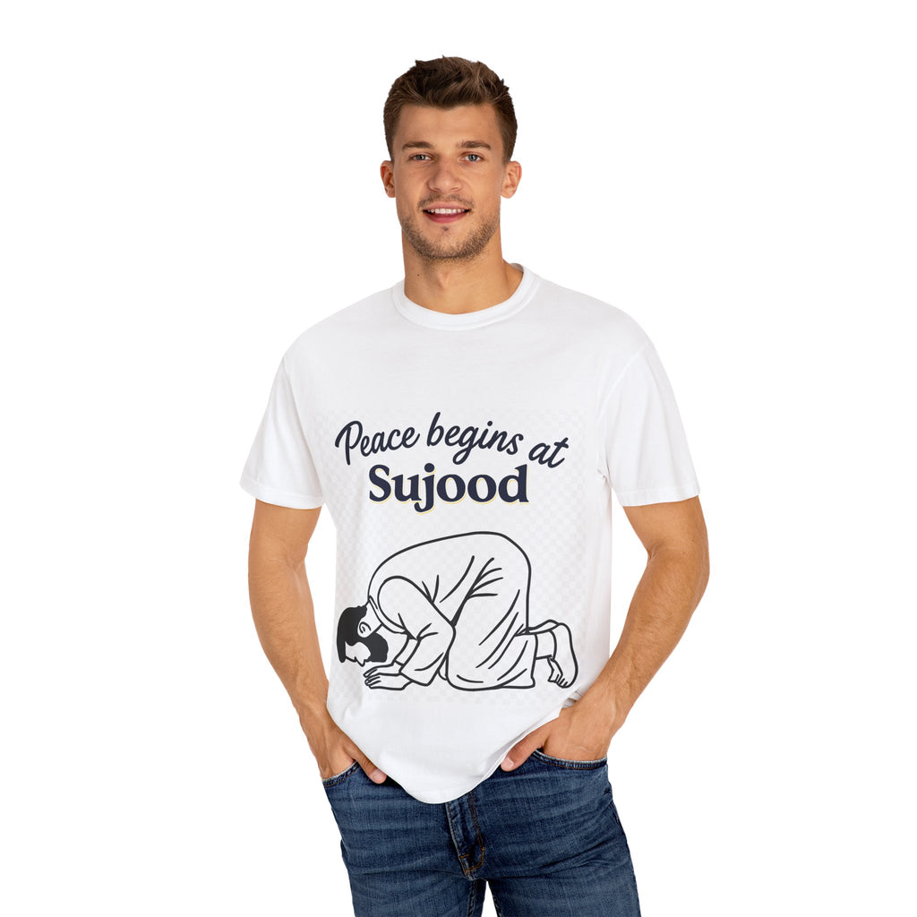 Prayer (Sujood) T-Shirt — "Peace Begins at Sujood" Islamic Faith Tee