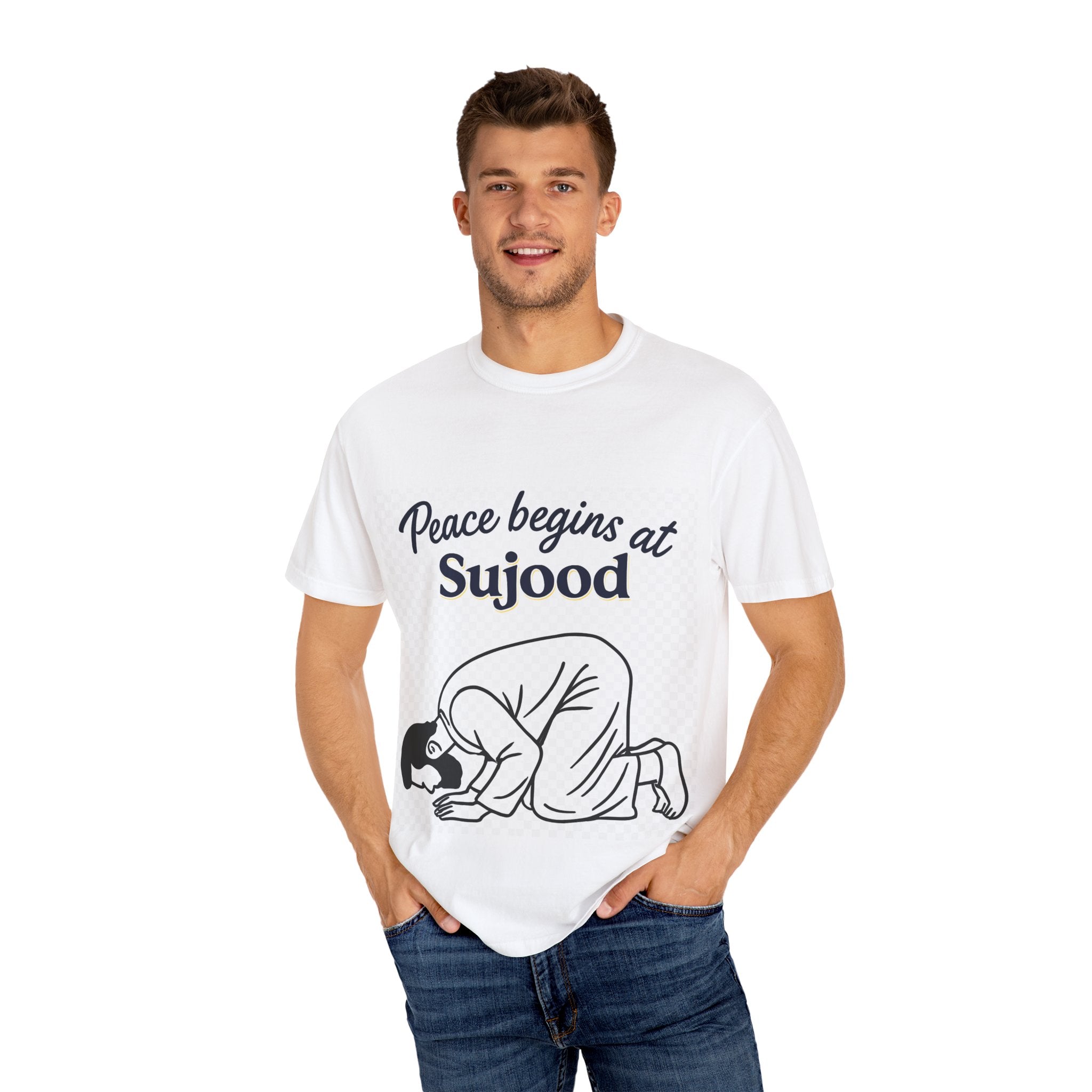 Prayer (Sujood) T-Shirt — "Peace Begins at Sujood" Islamic Faith Tee