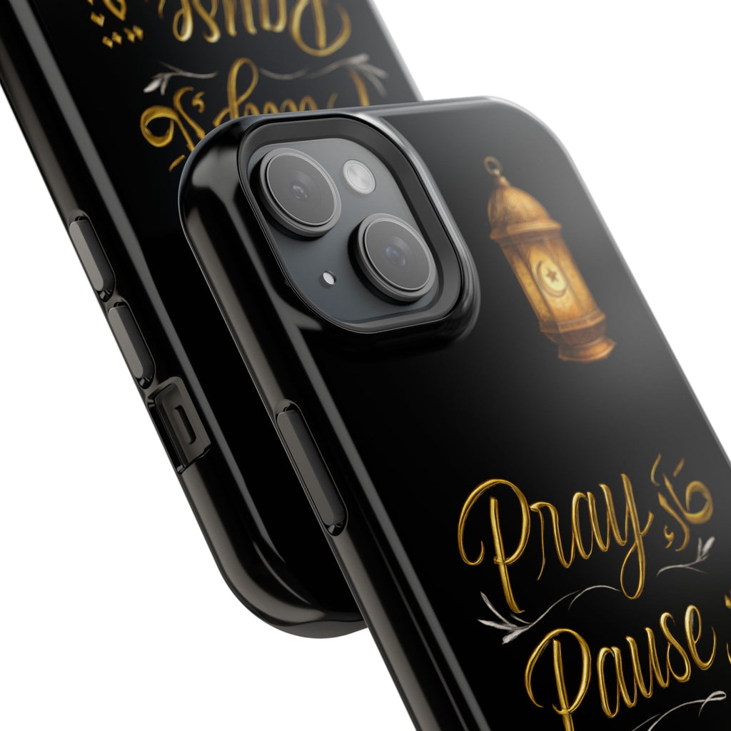 Pray Pause Reset Phone Case — Gold Lantern Arabic Calligraphy Impact-Resistant Case