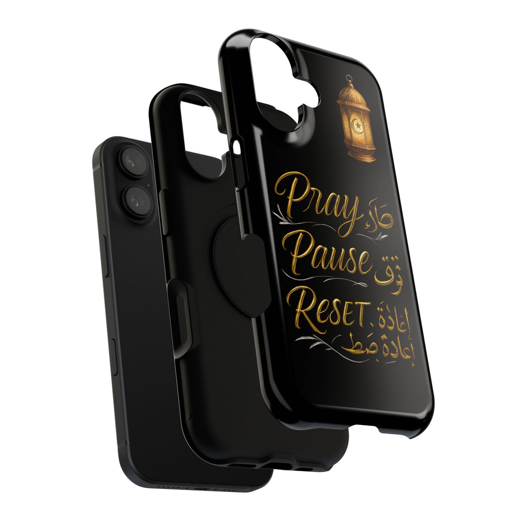 Pray Pause Reset Phone Case — Gold Lantern Arabic Calligraphy Impact-Resistant Case