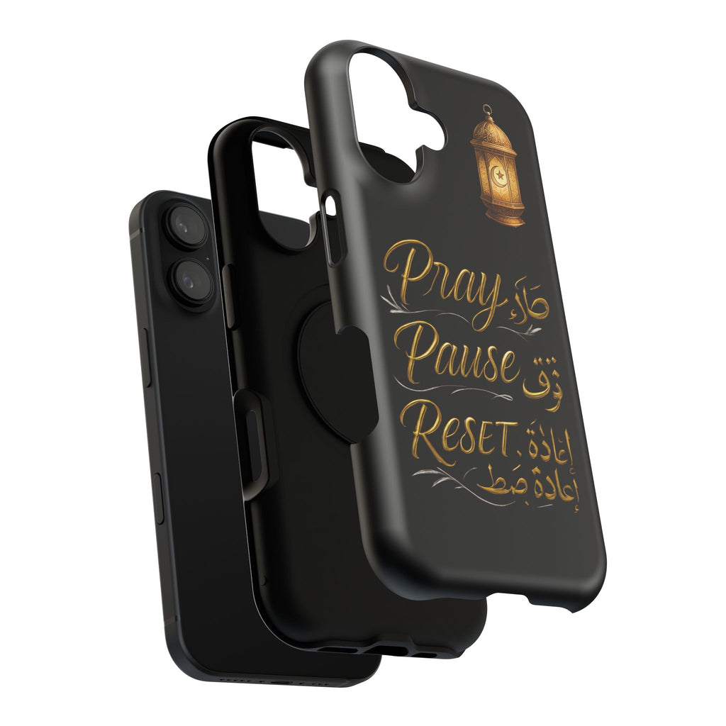 Pray Pause Reset Phone Case — Gold Lantern Arabic Calligraphy Impact-Resistant Case