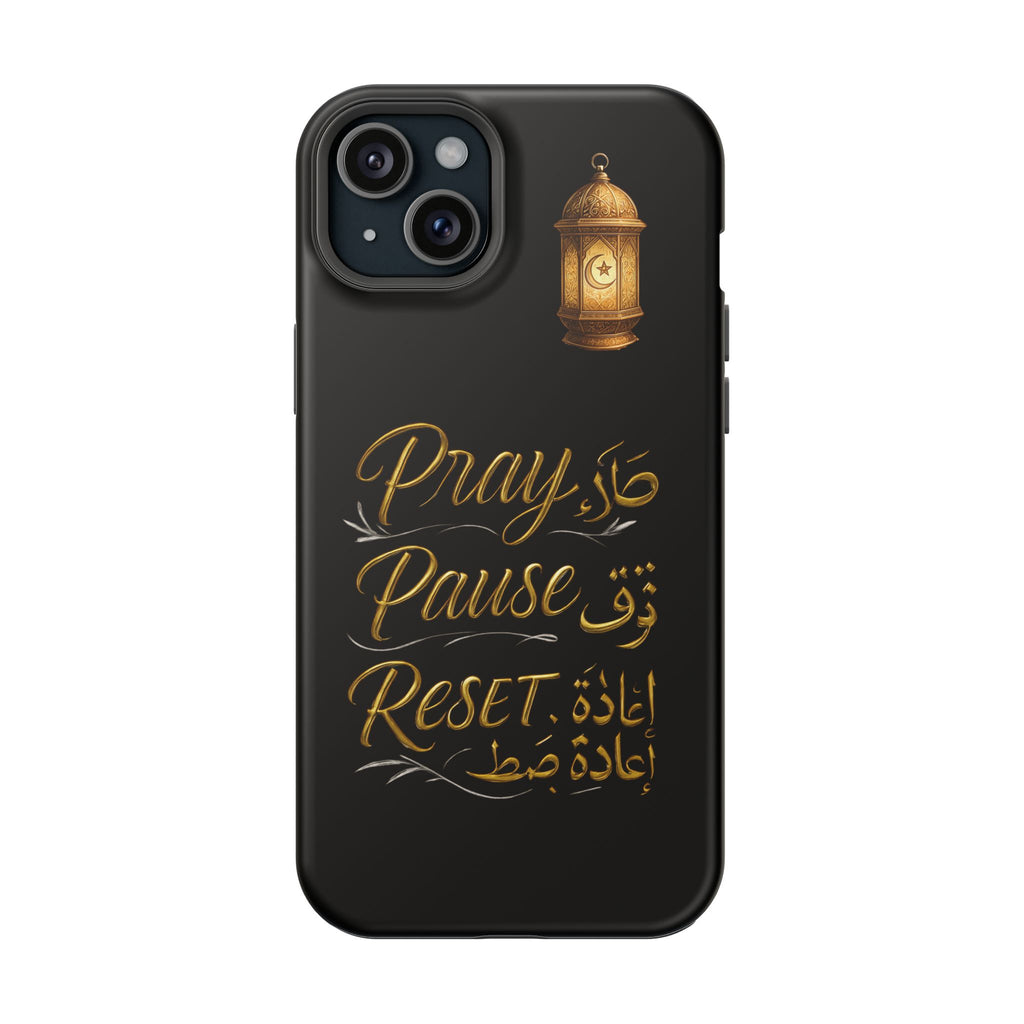 Pray Pause Reset Phone Case — Gold Lantern Arabic Calligraphy Impact-Resistant Case