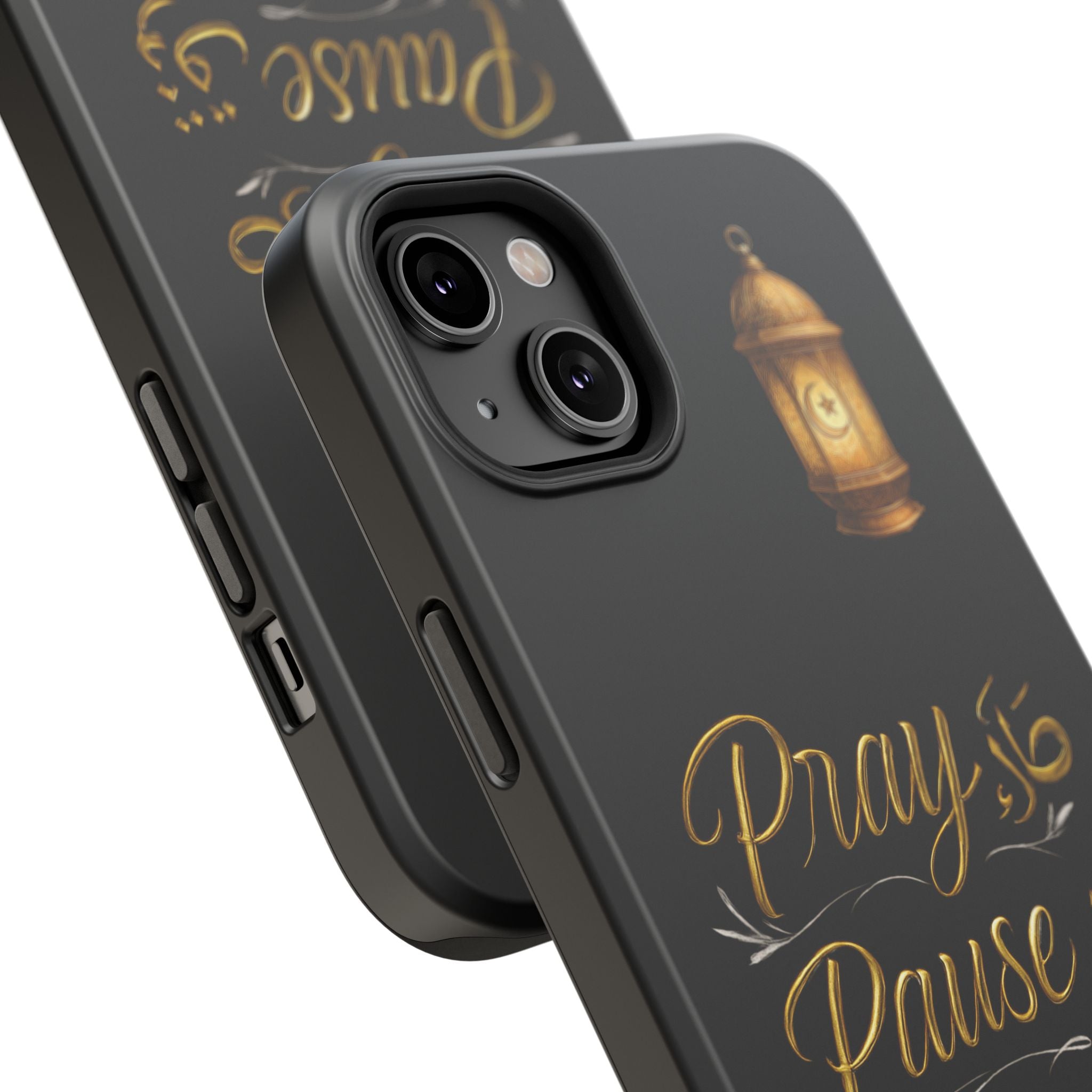 Pray Pause Reset Phone Case — Gold Lantern Arabic Calligraphy Impact-Resistant Case
