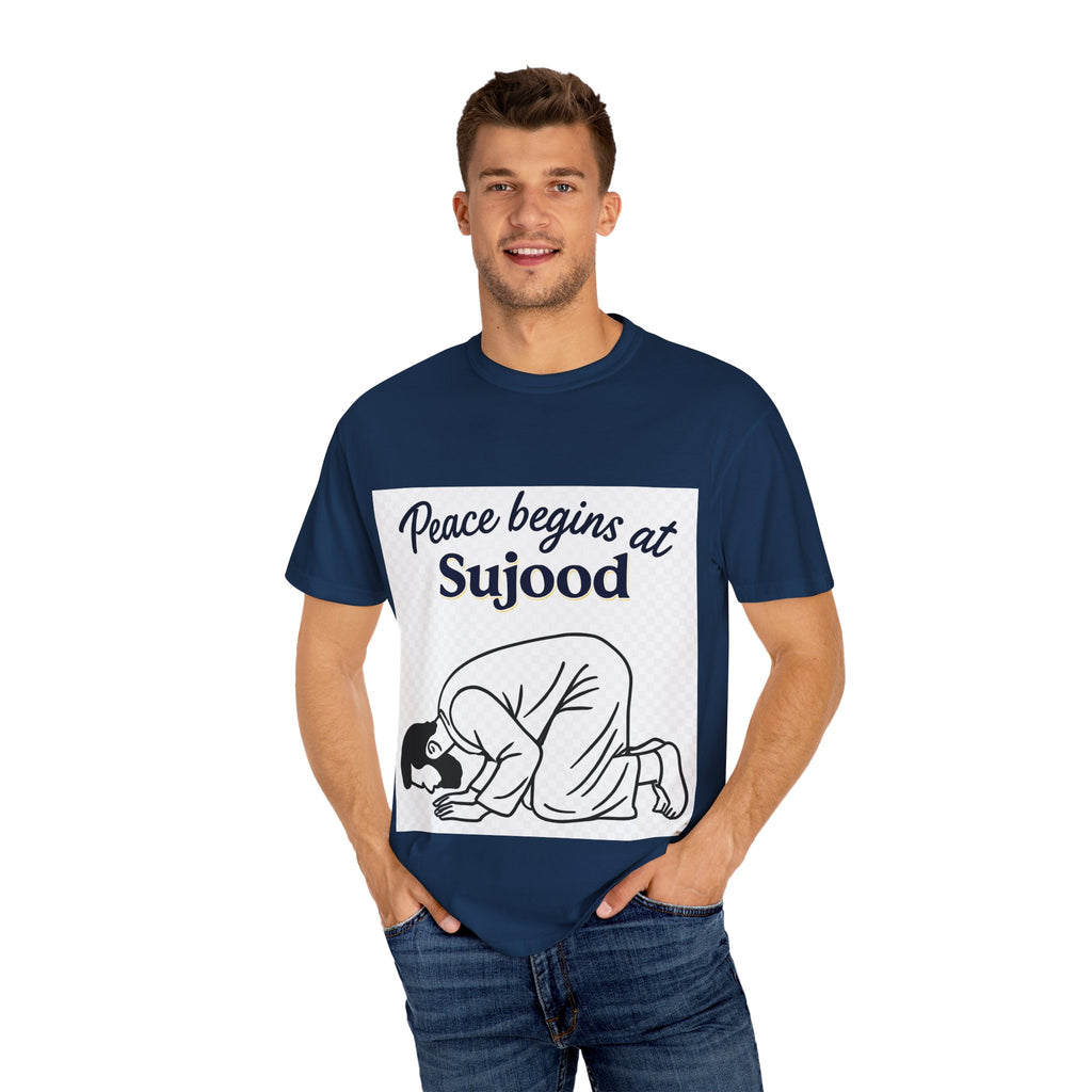 Prayer (Sujood) T-Shirt — "Peace Begins at Sujood" Islamic Faith Tee