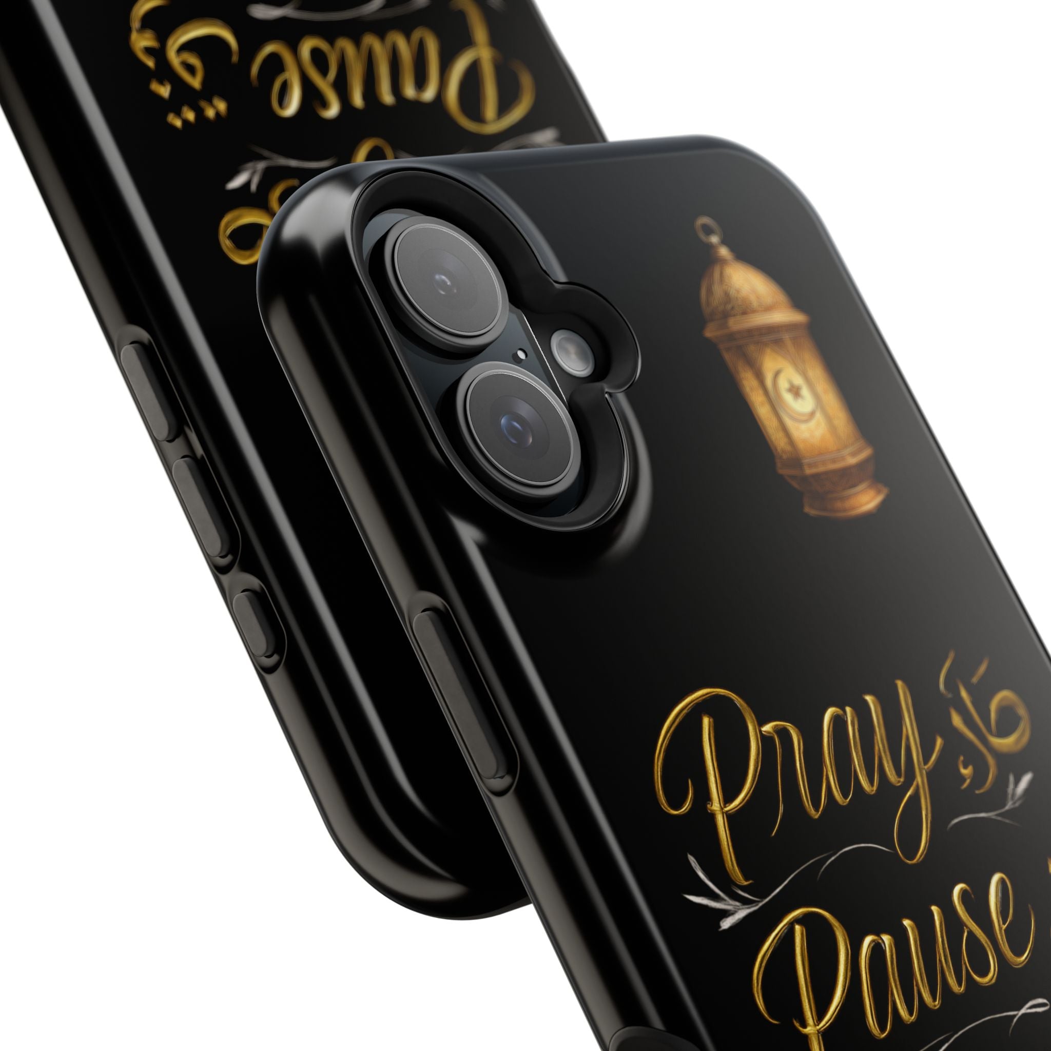 Pray Pause Reset Phone Case — Gold Lantern Arabic Calligraphy Impact-Resistant Case