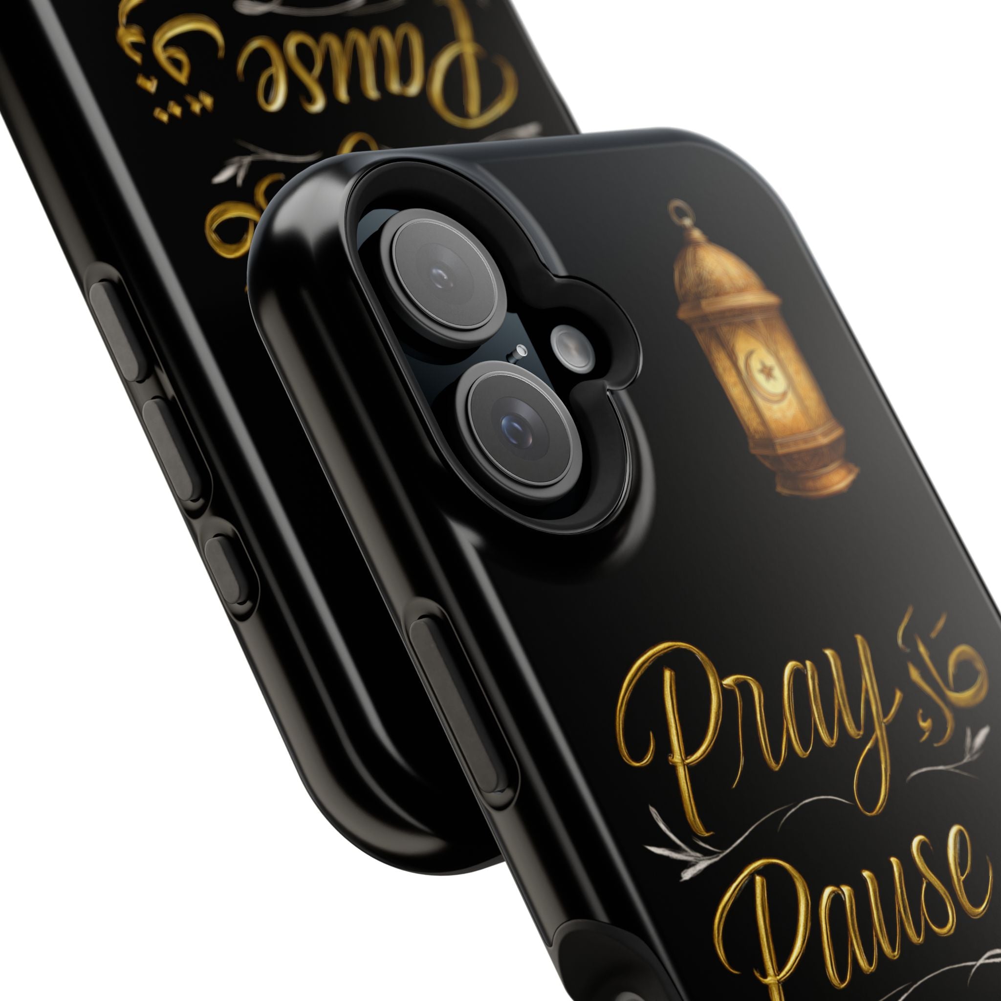 Pray Pause Reset Phone Case — Gold Lantern Arabic Calligraphy Impact-Resistant Case