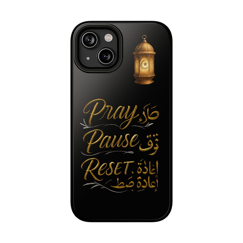 Pray Pause Reset Phone Case — Gold Lantern Arabic Calligraphy Impact-Resistant Case