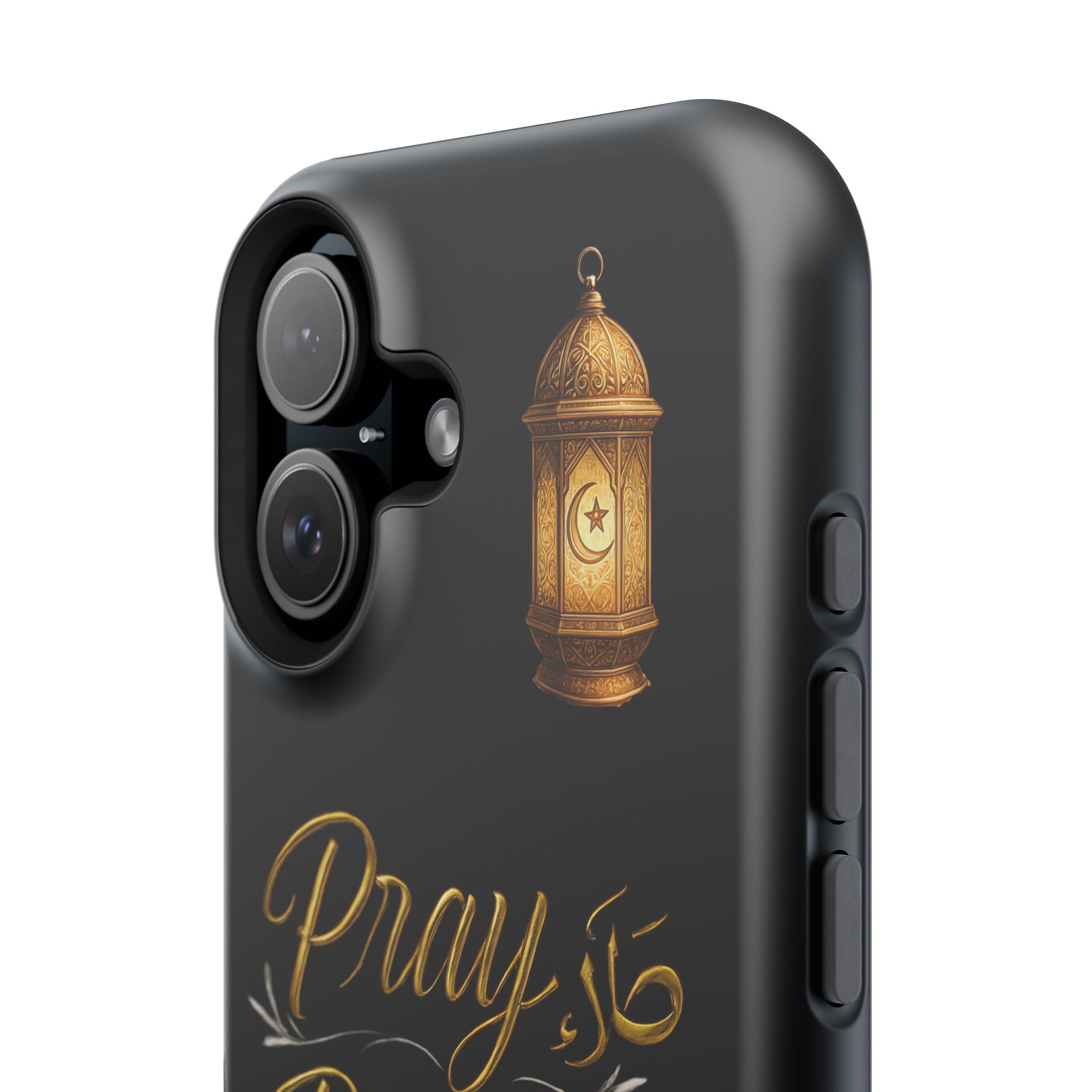 Pray Pause Reset Phone Case — Gold Lantern Arabic Calligraphy Impact-Resistant Case