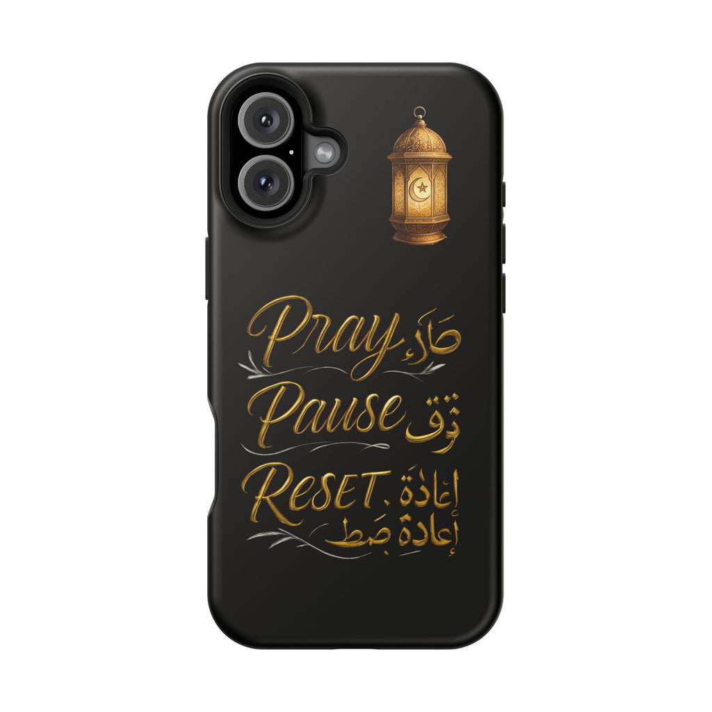 Pray Pause Reset Phone Case — Gold Lantern Arabic Calligraphy Impact-Resistant Case