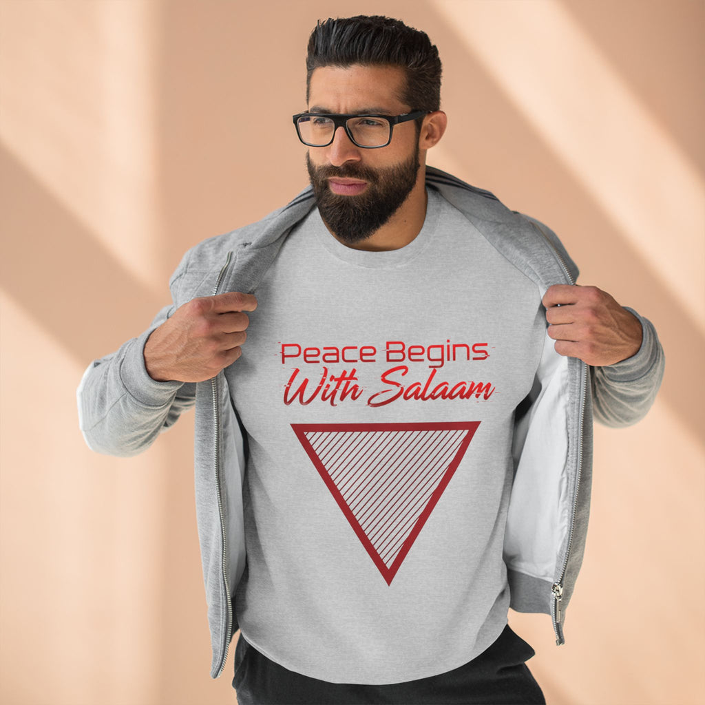 Crewneck Sweatshirt — "Peace Begins With Salaam" Minimal Triangle Design