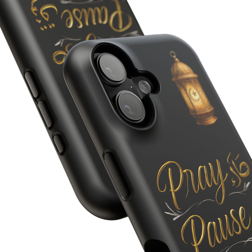 Pray Pause Reset Phone Case — Gold Lantern Arabic Calligraphy Impact-Resistant Case