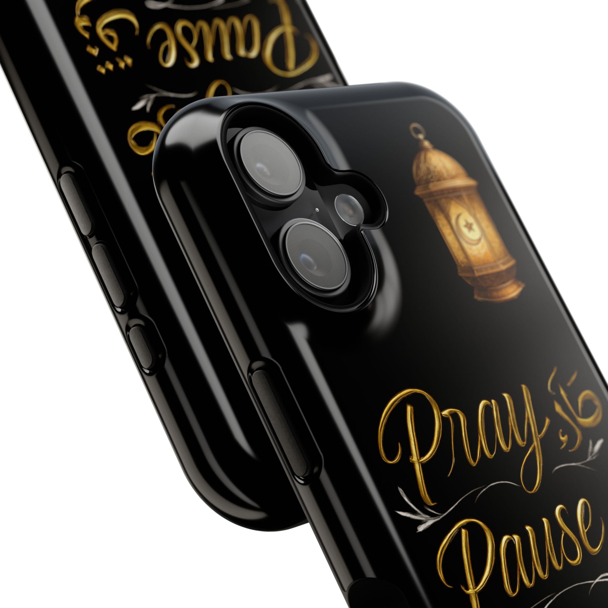 Pray Pause Reset Phone Case — Gold Lantern Arabic Calligraphy Impact-Resistant Case