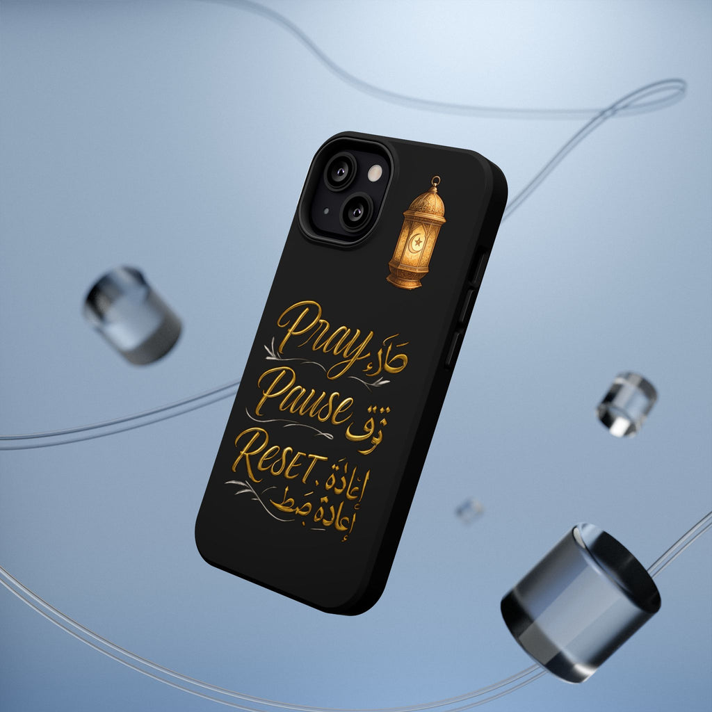 Pray Pause Reset Phone Case — Gold Lantern Arabic Calligraphy Impact-Resistant Case
