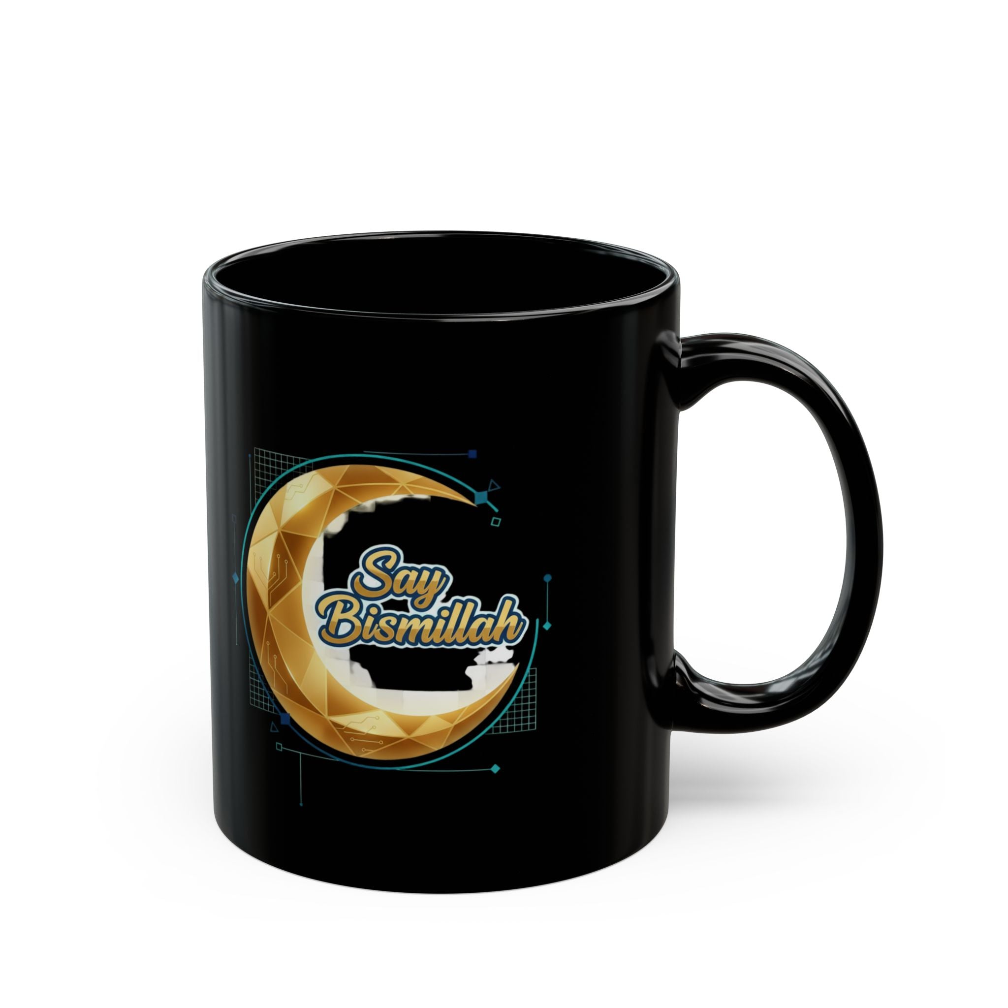 Say Bismillah Black Mug — Islamic Crescent Coffee Cup (11oz, 15oz)