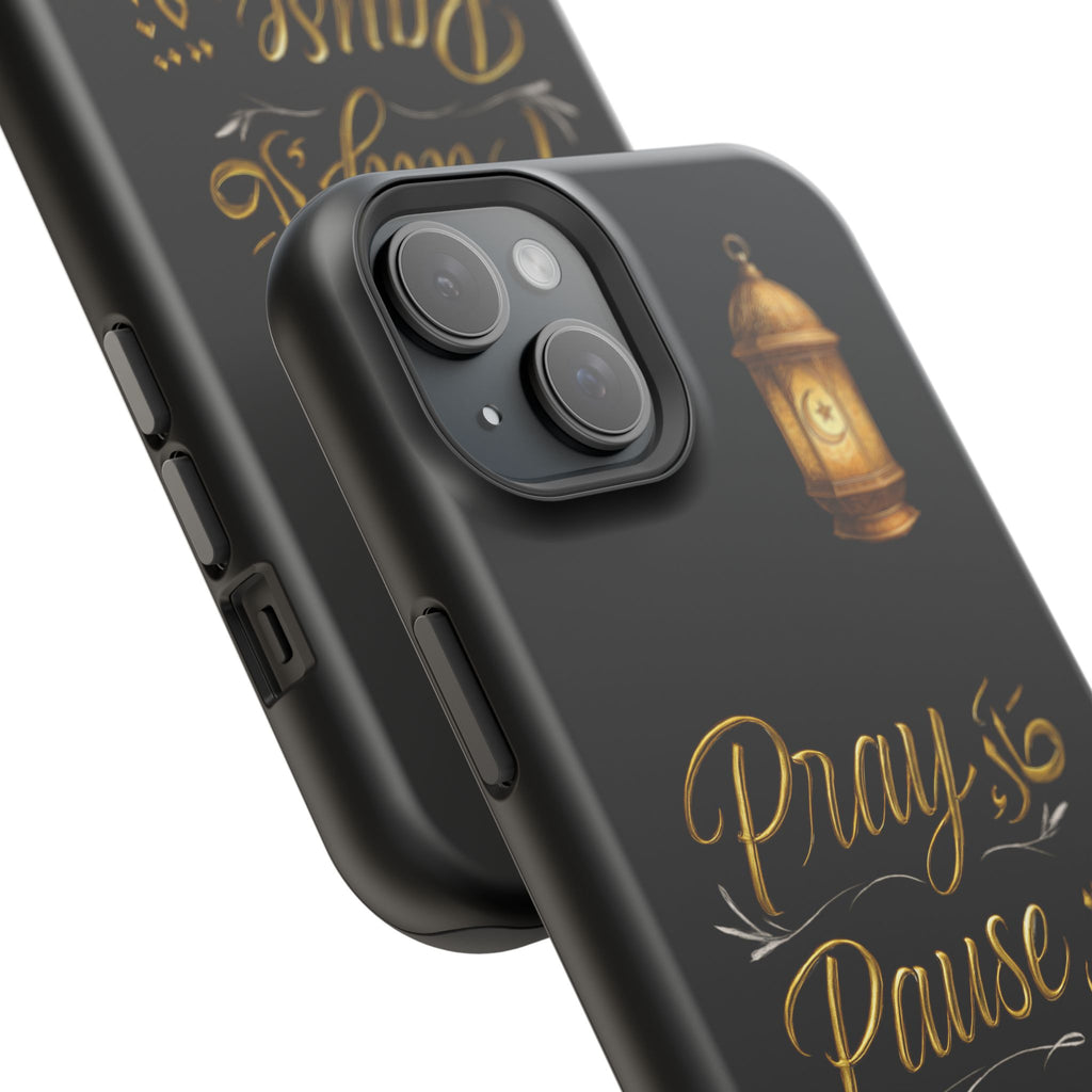 Pray Pause Reset Phone Case — Gold Lantern Arabic Calligraphy Impact-Resistant Case