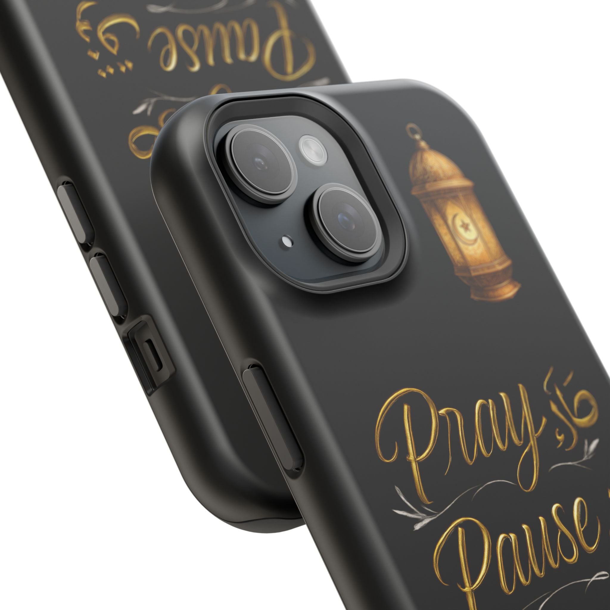 Pray Pause Reset Phone Case — Gold Lantern Arabic Calligraphy Impact-Resistant Case