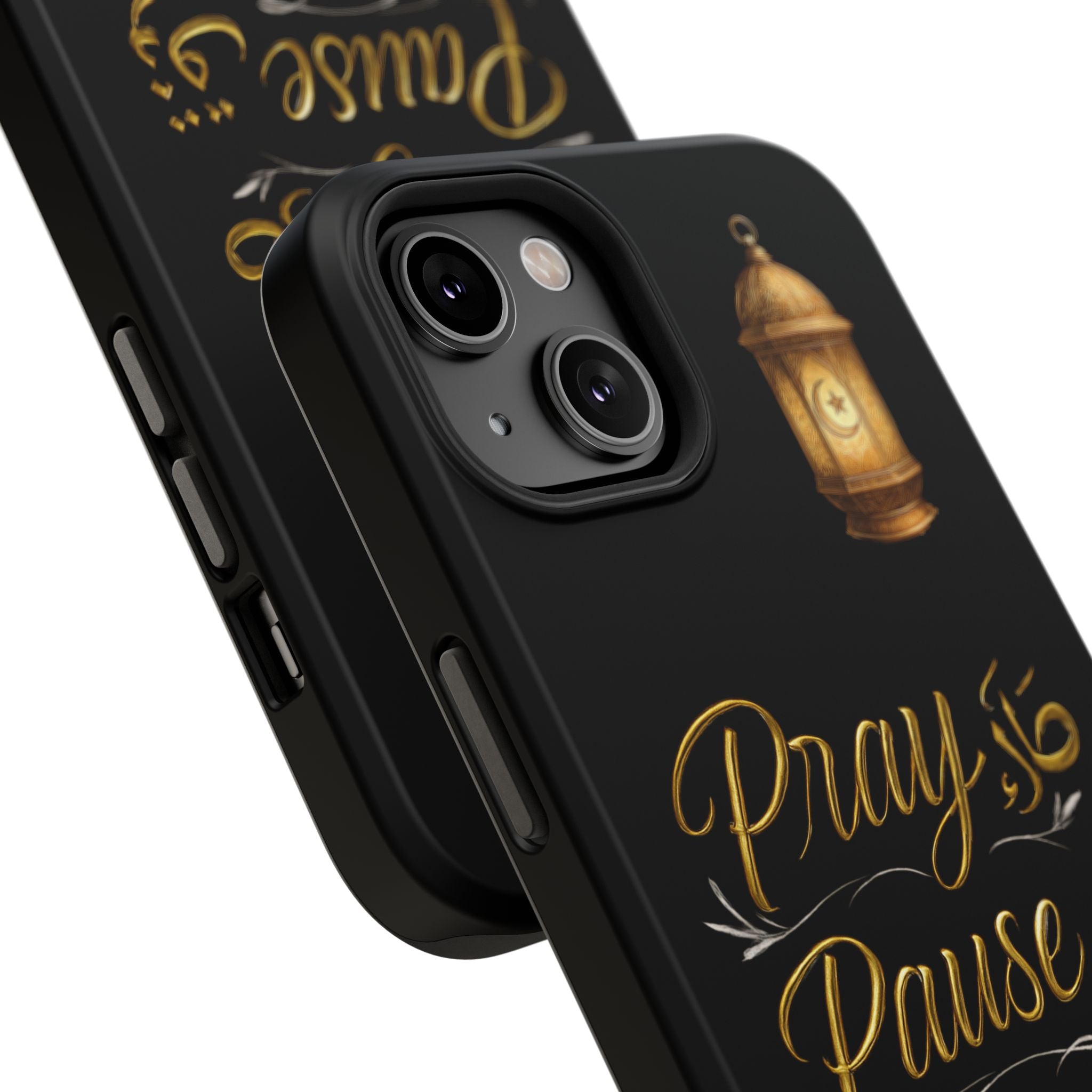 Pray Pause Reset Phone Case — Gold Lantern Arabic Calligraphy Impact-Resistant Case