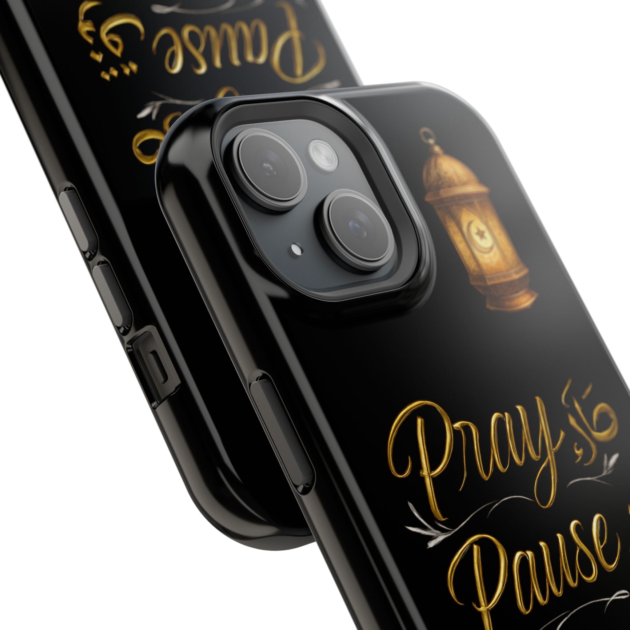 Pray Pause Reset Phone Case — Gold Lantern Arabic Calligraphy Impact-Resistant Case