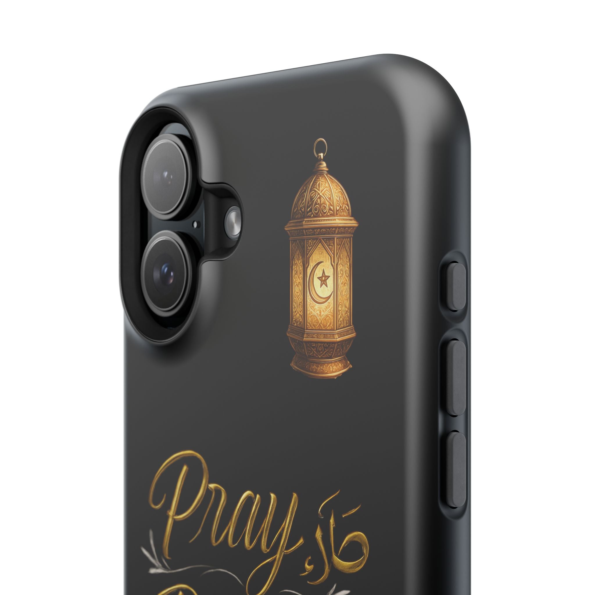 Pray Pause Reset Phone Case — Gold Lantern Arabic Calligraphy Impact-Resistant Case
