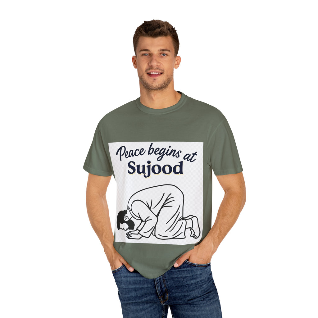 Prayer (Sujood) T-Shirt — "Peace Begins at Sujood" Islamic Faith Tee