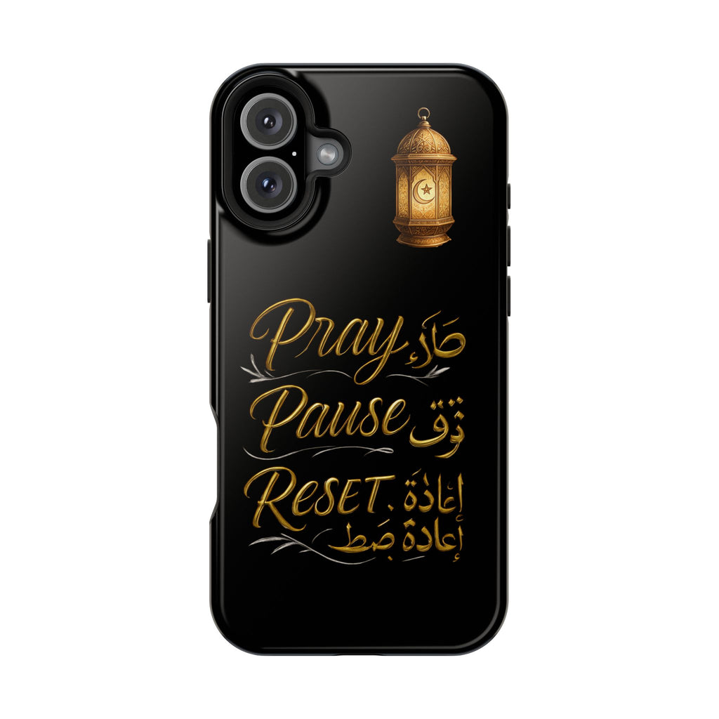 Pray Pause Reset Phone Case — Gold Lantern Arabic Calligraphy Impact-Resistant Case