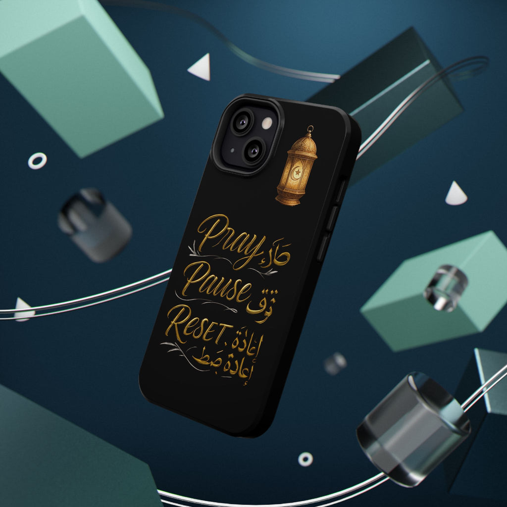Pray Pause Reset Phone Case — Gold Lantern Arabic Calligraphy Impact-Resistant Case