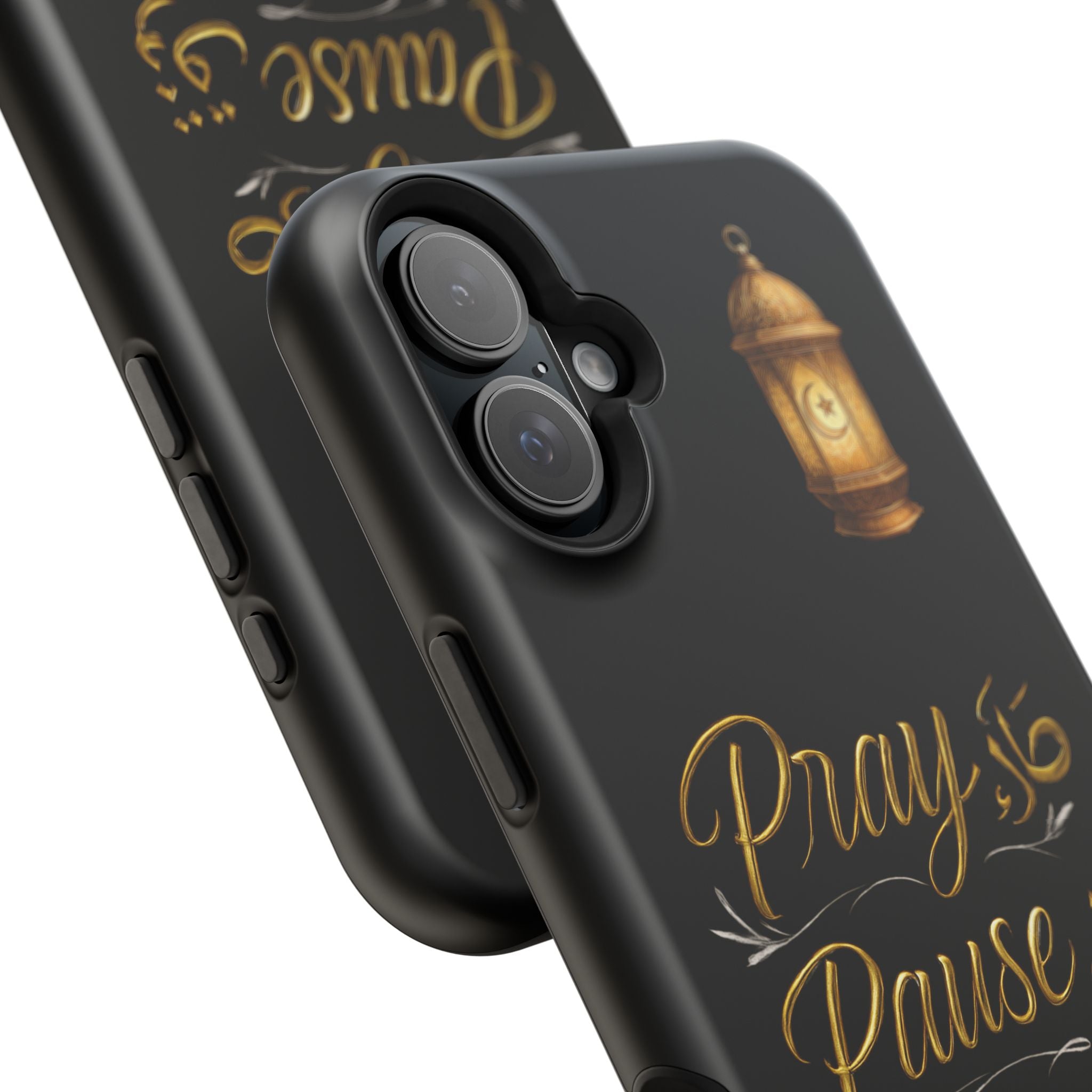 Pray Pause Reset Phone Case — Gold Lantern Arabic Calligraphy Impact-Resistant Case
