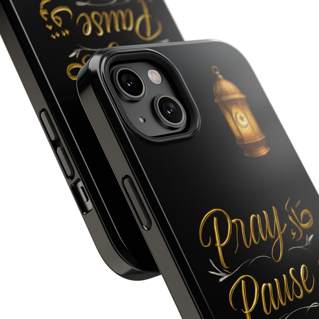 Pray Pause Reset Phone Case — Gold Lantern Arabic Calligraphy Impact-Resistant Case